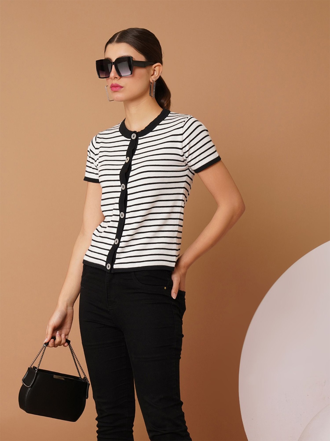 

Chemistry Striped Mandarin Collar Cotton Top, White