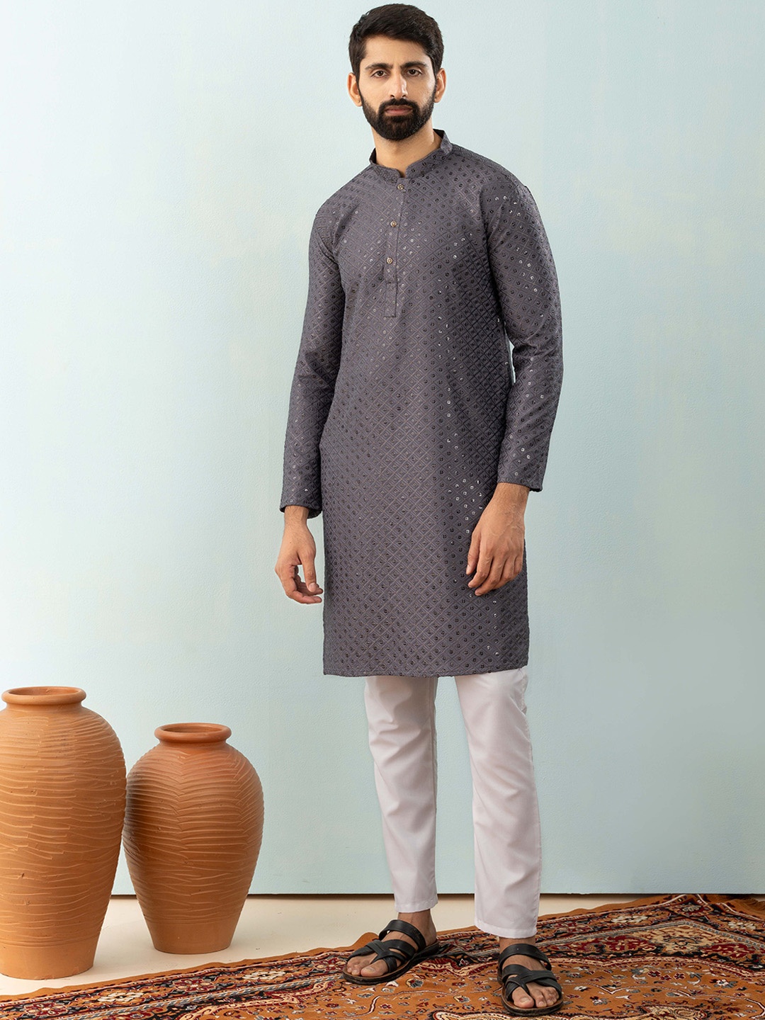 

Shiv Leela Men Embroidered Mirror Work Kurta, Grey