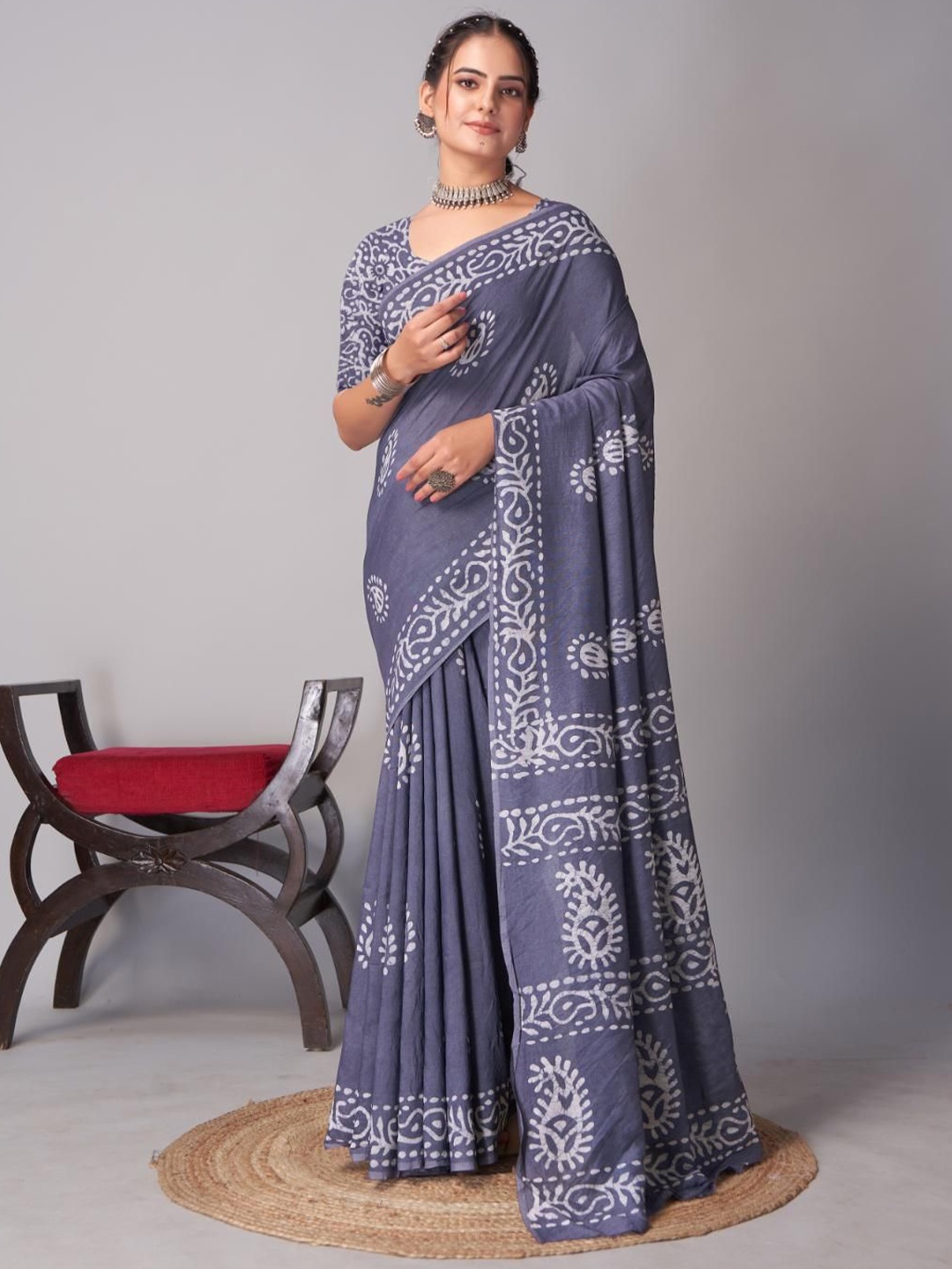 

HERE&NOW Batik Block Print Saree, Grey