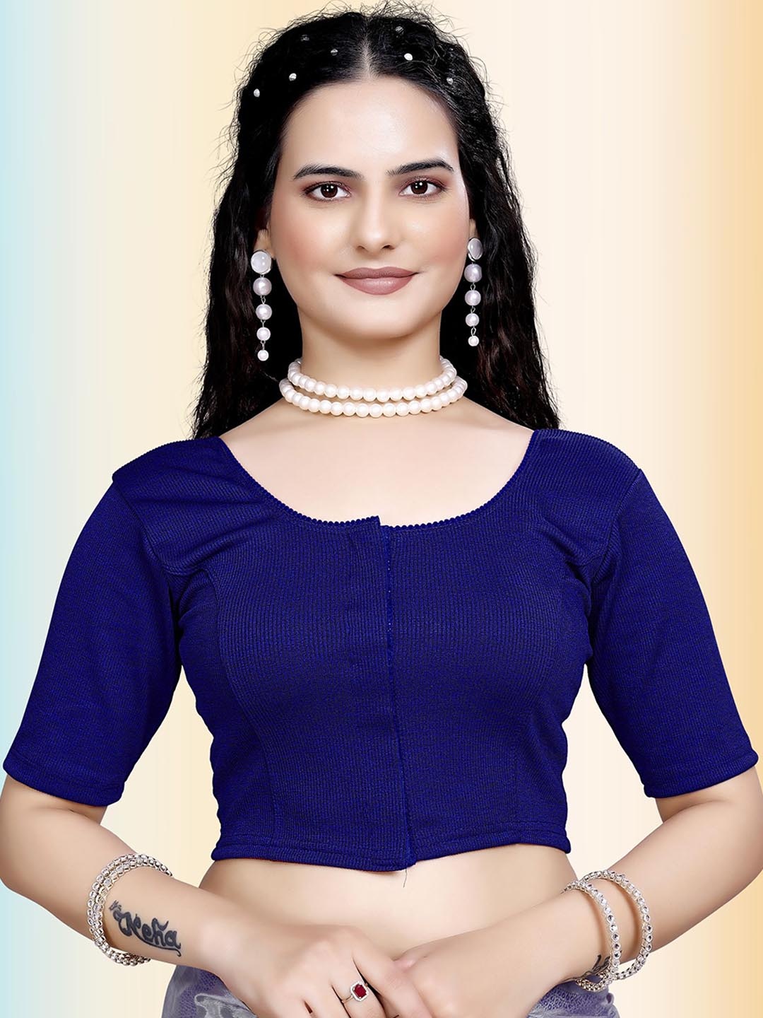 

TANISHM FEB TEX Cotton Round Neck Saree Blouse, Navy blue