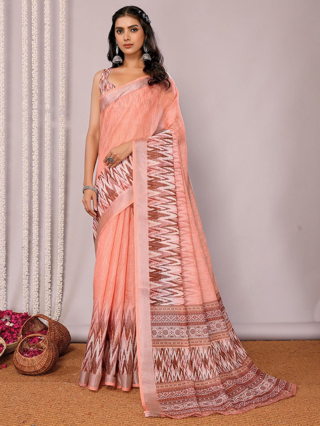 

Janasya Zari Linen Blend Ready to Wear Ikat Saree, Peach