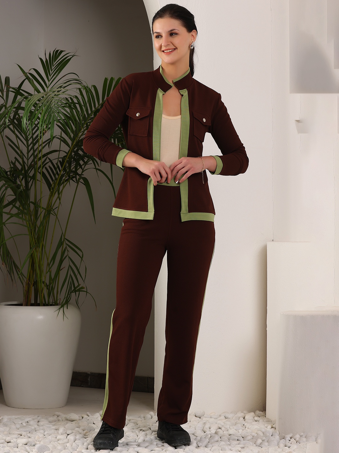 

Zicada Women Self Design Track Suit, Brown
