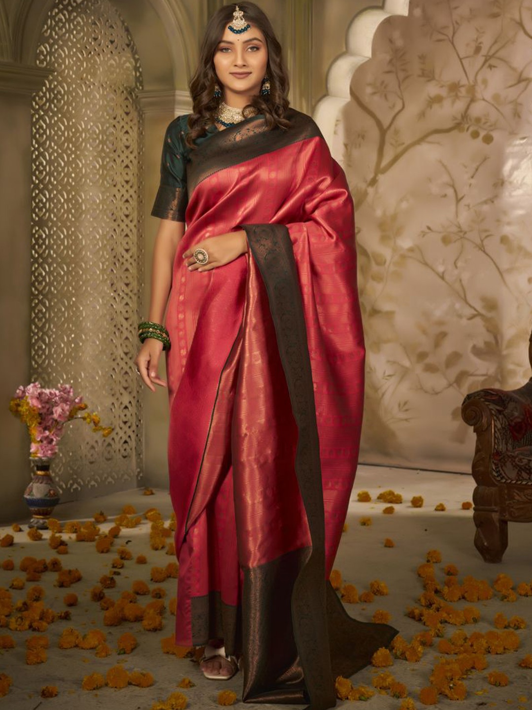 

KALINI Woven Design Zari Silk Blend Saree, Red