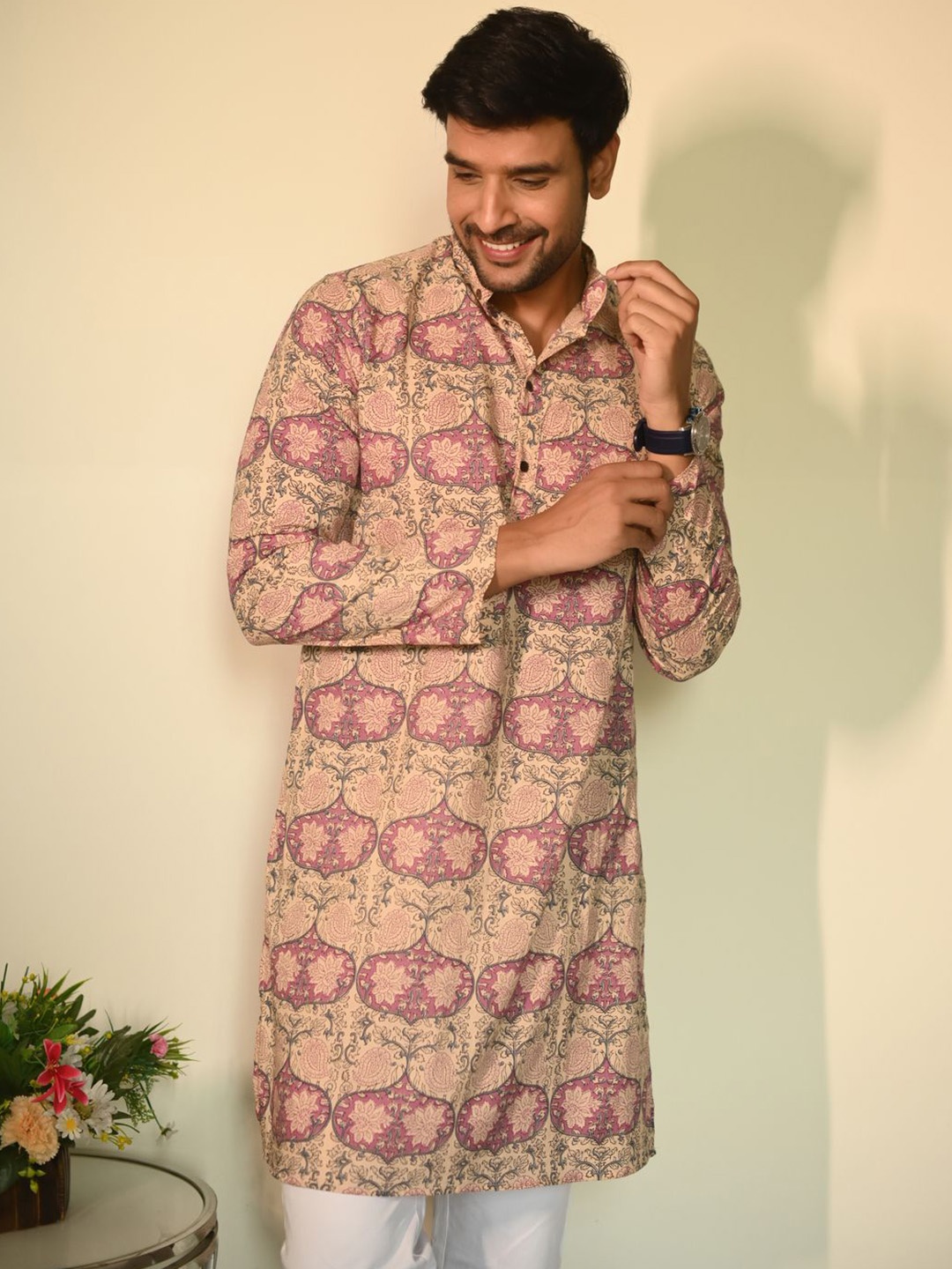 

Style Matters Ethnic Motifs Printed Cotton Mandarin Collar Straight Kurta, Pink