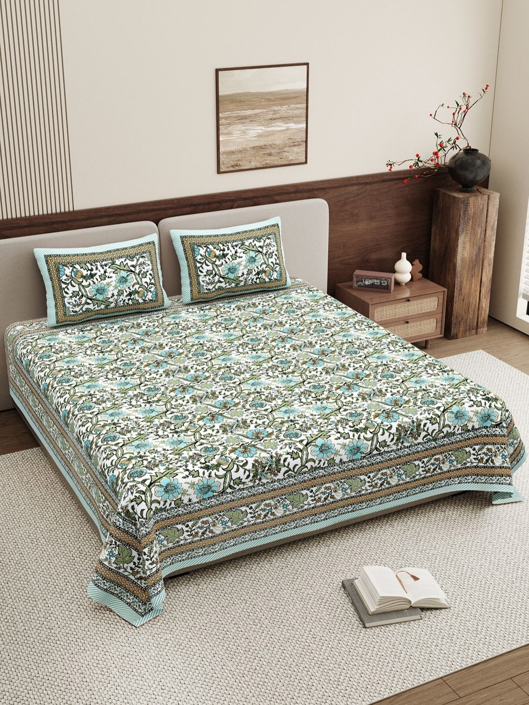 

BELLA CASA Blue & White Floral 250 TC King Bedsheet with 2 Pillow Covers