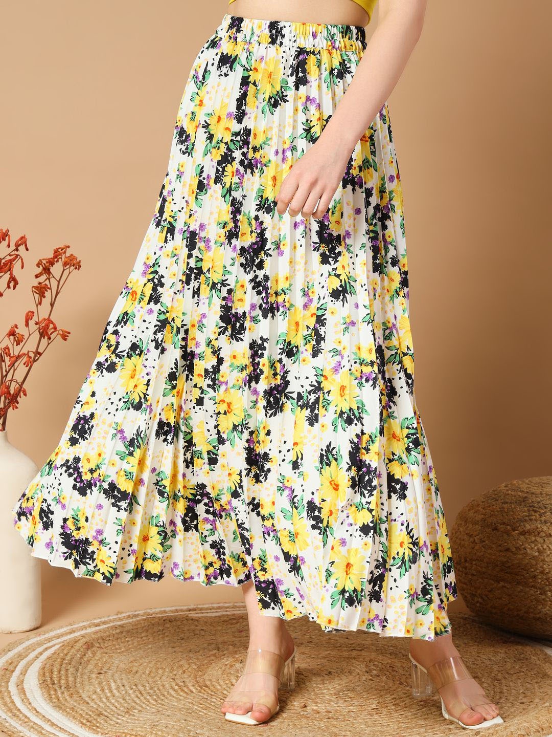 

OTABU Floral Printed Pleated A-Line Maxi Skirt, White