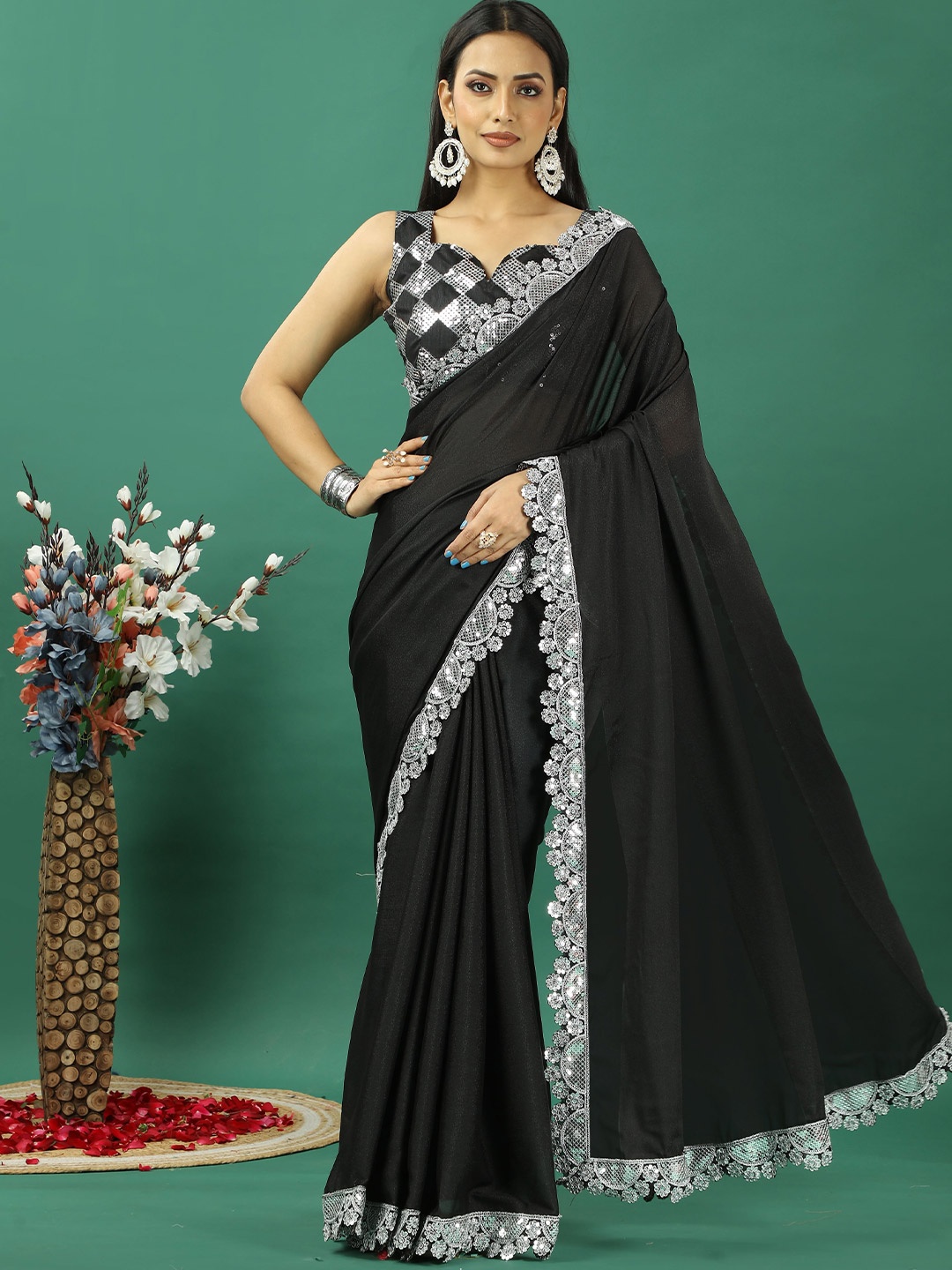 

HERE&NOW Sequinned Satin Banarasi Saree, Black