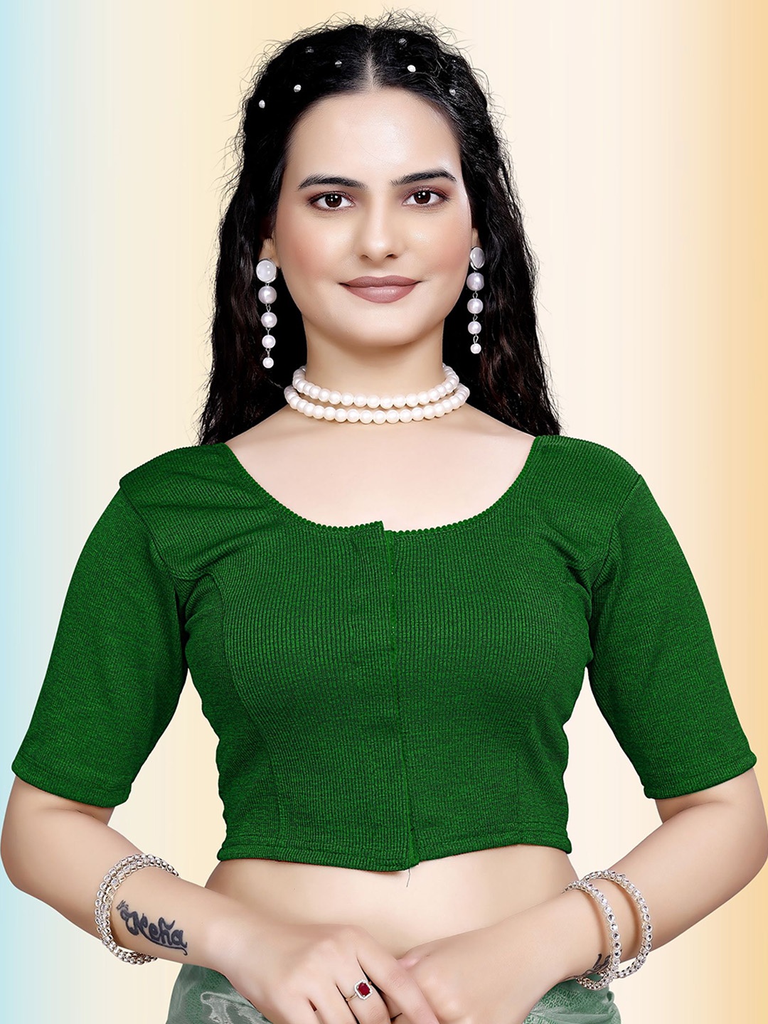 

TANISHM FEB TEX Cotton Round Neck Saree Blouse, Green