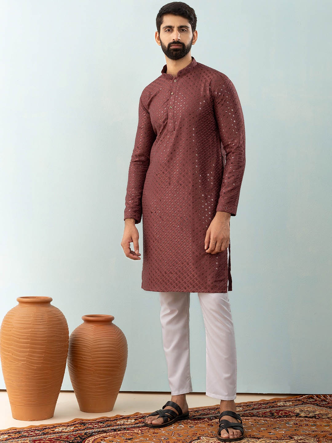 

Shiv Leela Men Embroidered Mirror Work Kurta, Brown