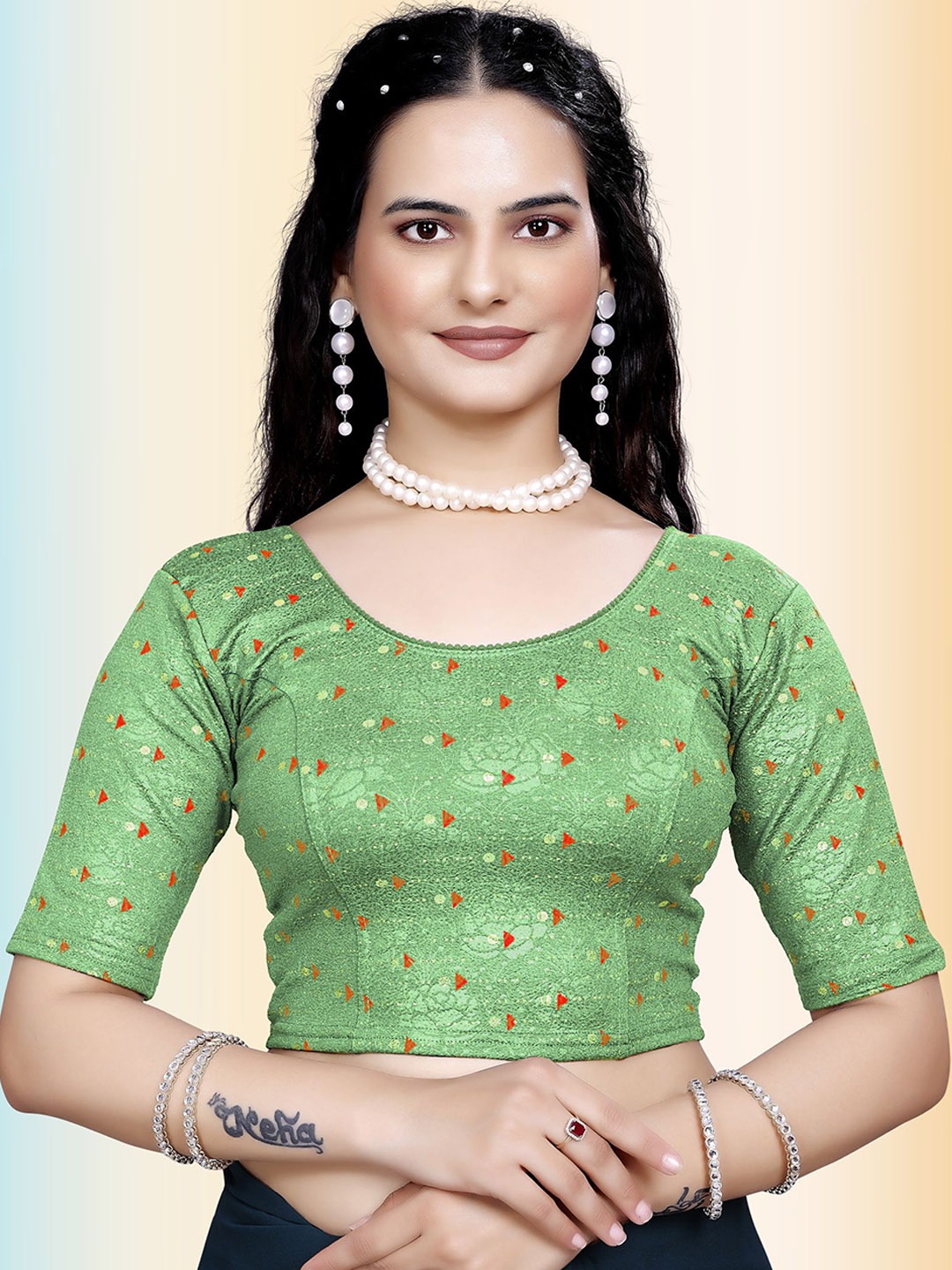 

TANISHM FEB TEX Printed Cotton Saree Blouse, Green