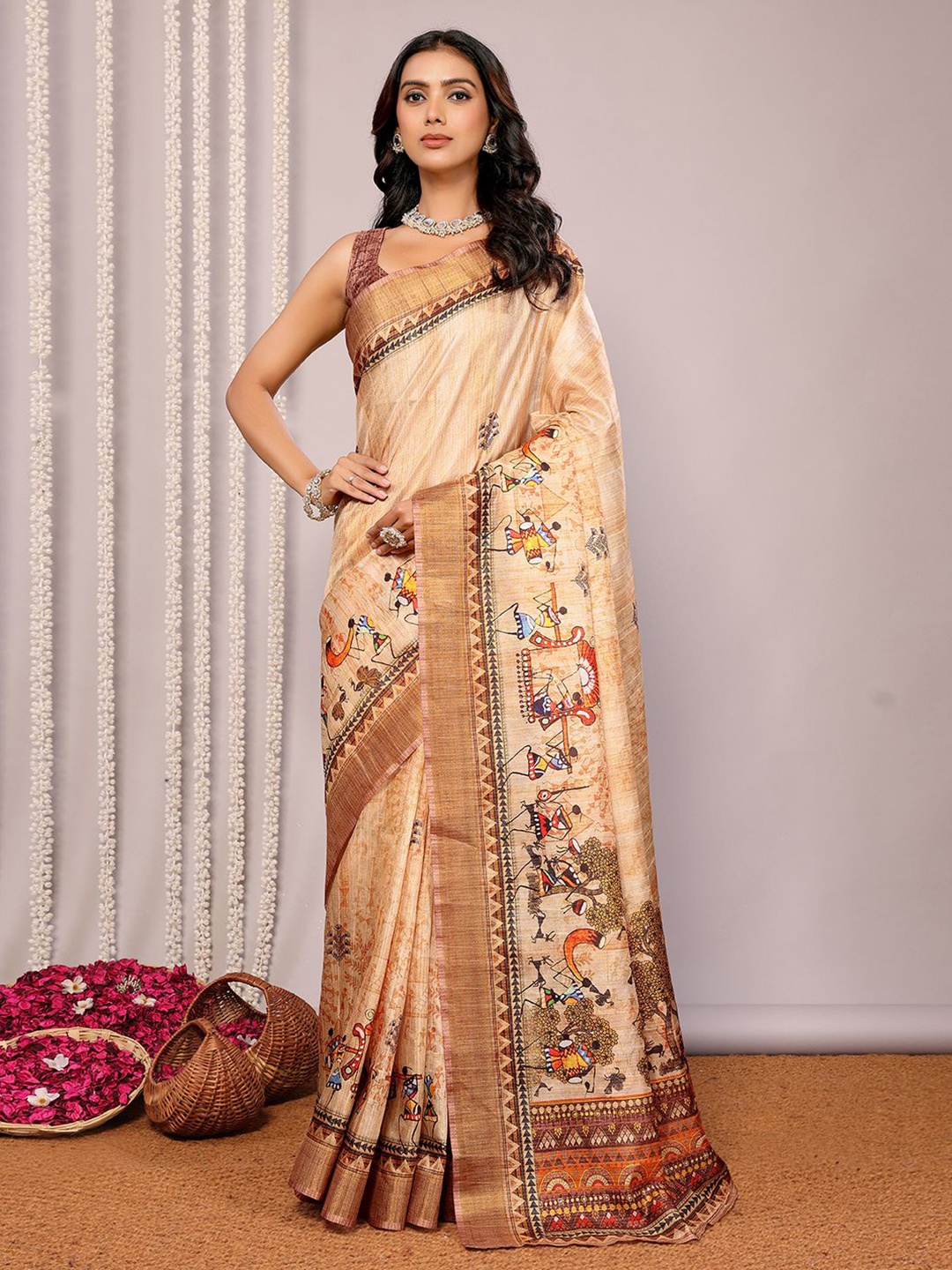 

Janasya Women Chanderi Silk Warli Print Saree with Unstitched Blouse Piece, Beige