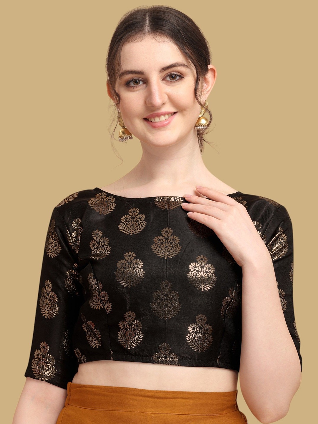 

Oomph! Woven Design Boat Neck Jacquard Saree Blouse, Black