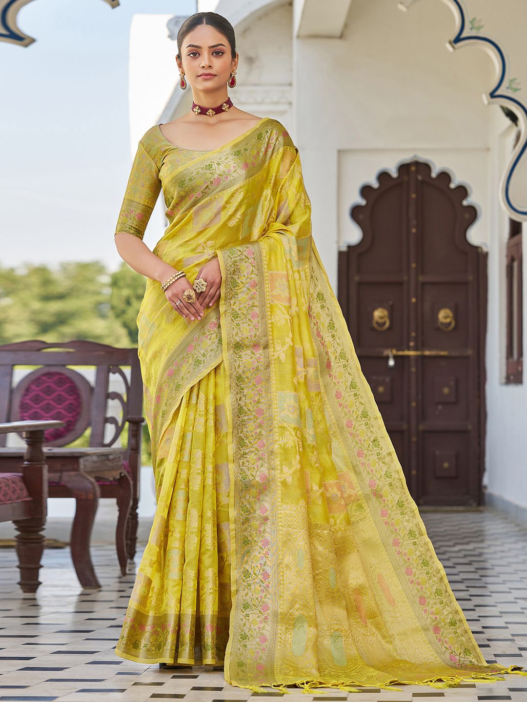 

all about you Woven Design Zari Pure Silk Saree, Yellow