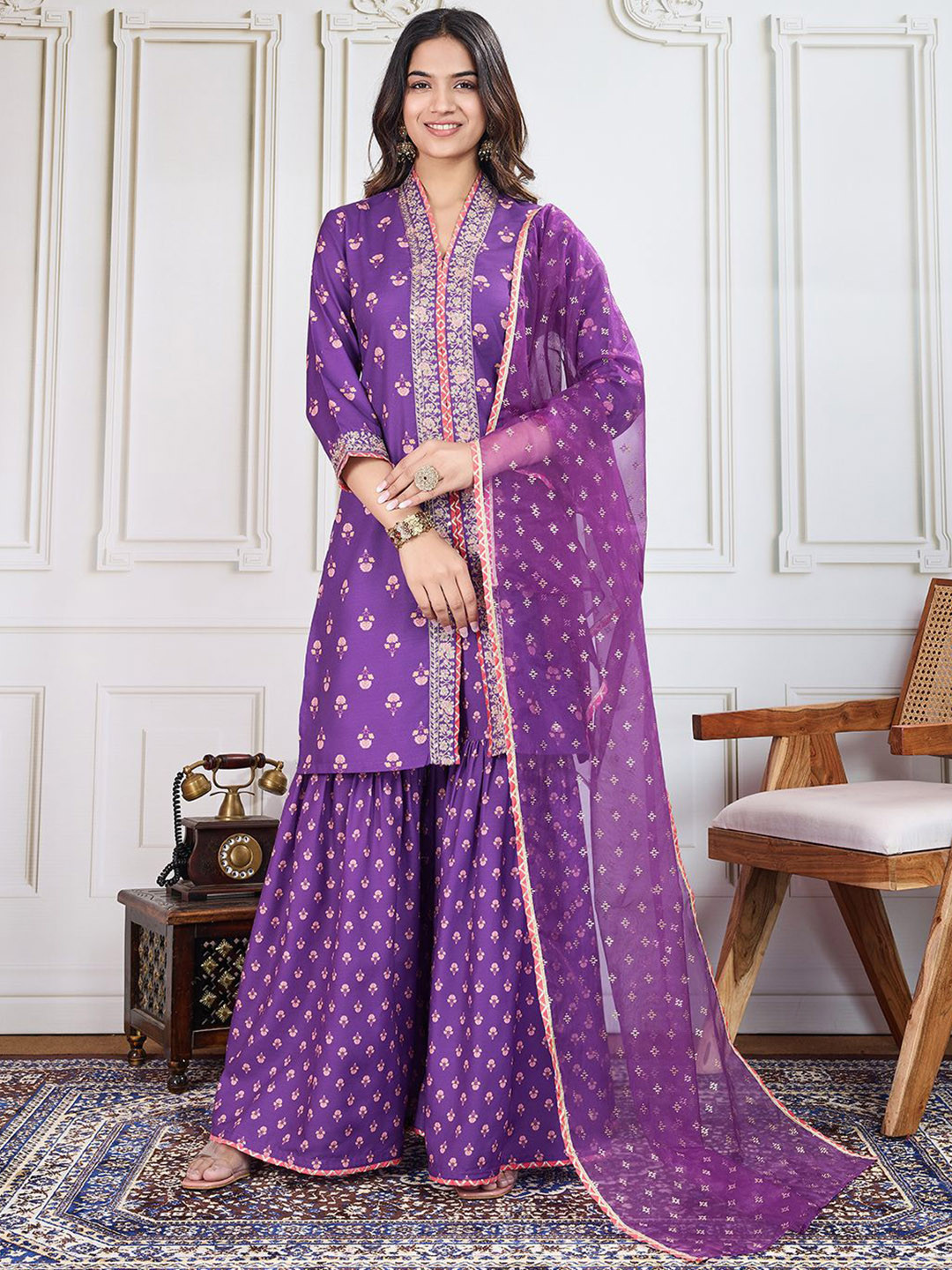 

House of Pataudi Printed Kurta & Sharara With Dupatta, Purple
