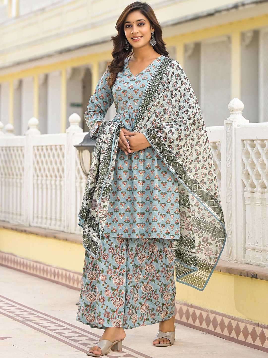 

Juniper Floral Printed Sequins Cotton Kurta Sharara And Dupatta Set, Grey