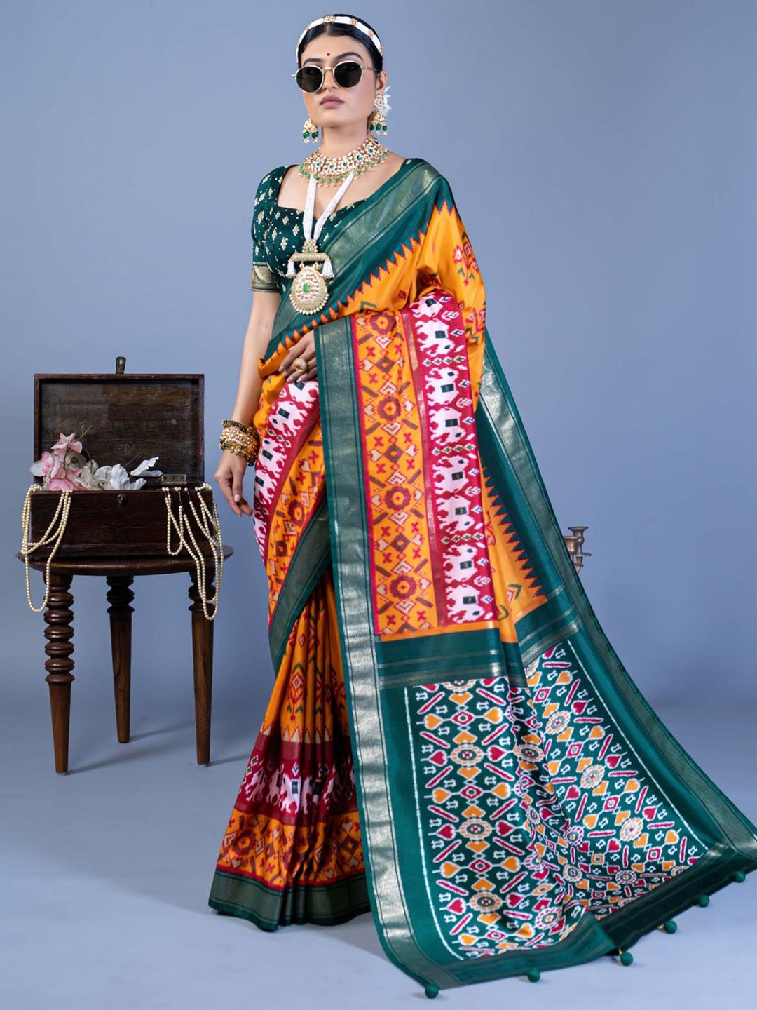 

Anouk Ethnic Motifs Silk Blend Pochampally Saree, Yellow