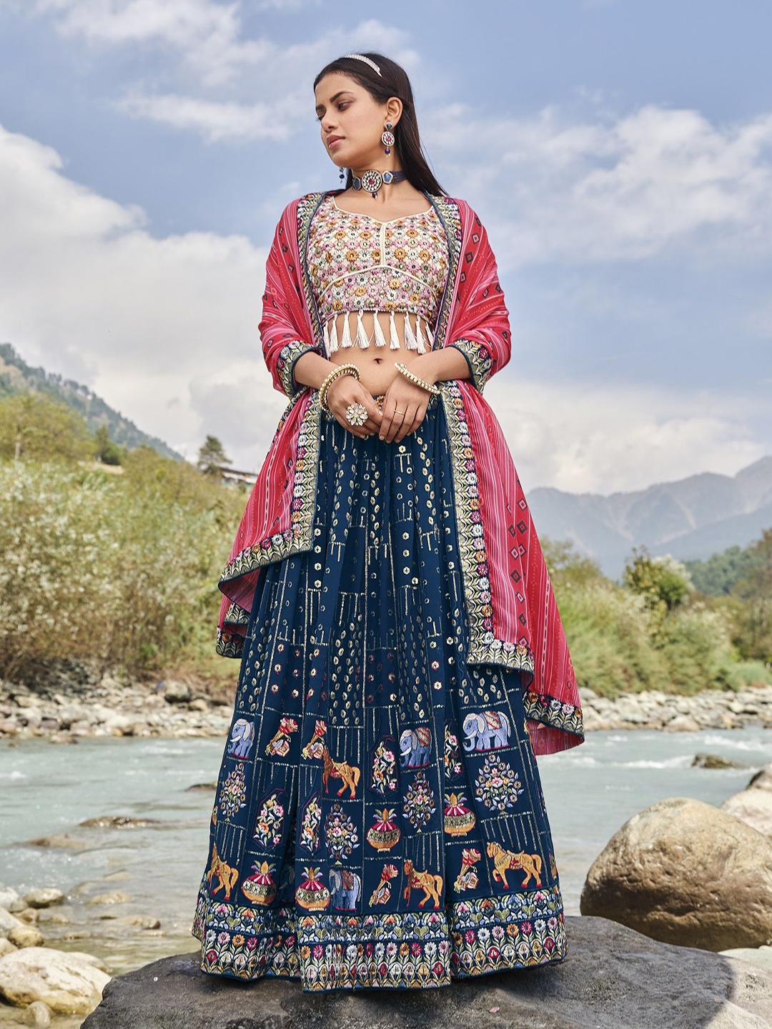 

DIVINE EXIM Embroidered Thread Work Semi-Stitched Lehenga & Unstitched Blouse With Dupatta, Blue