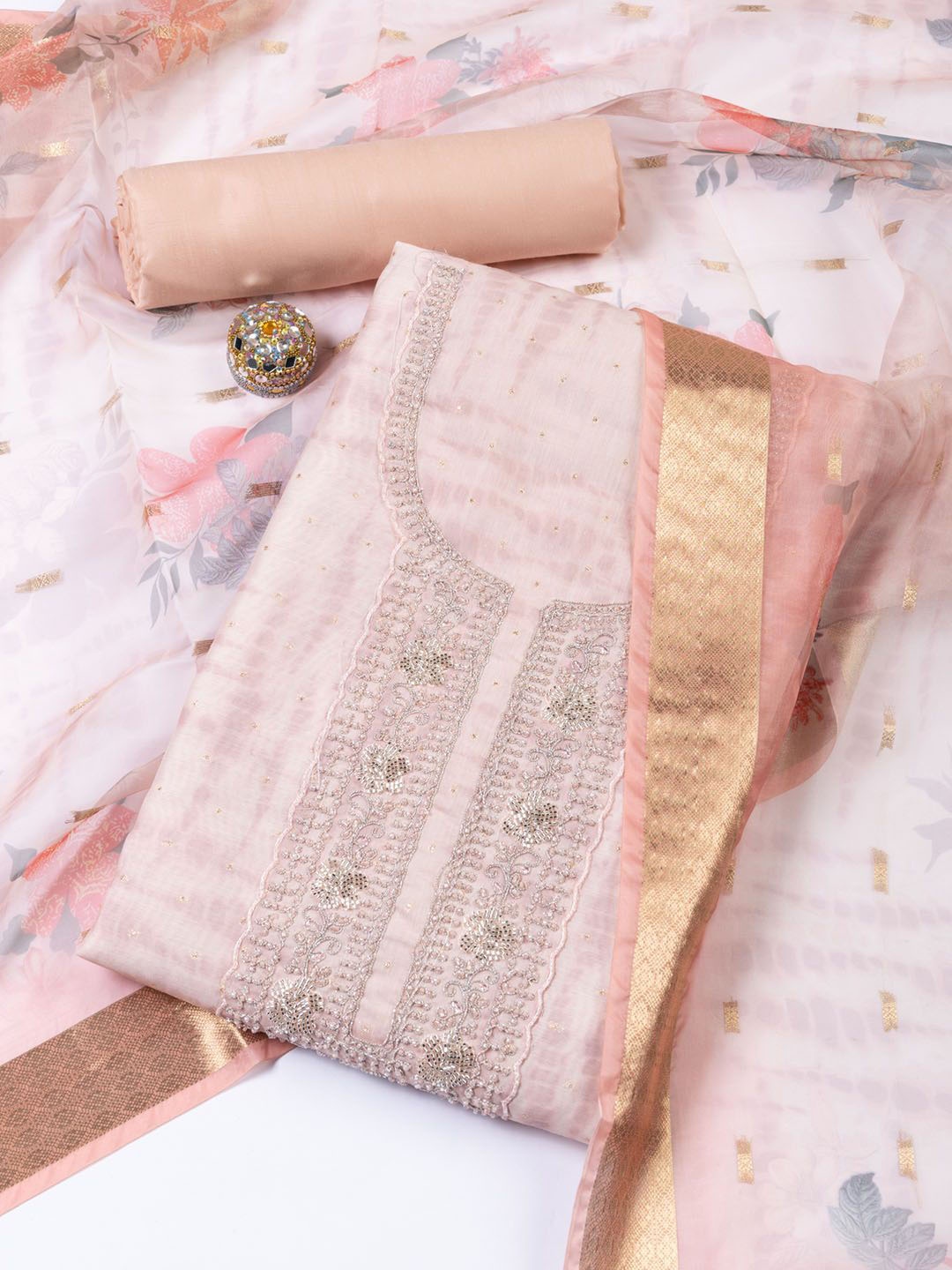 

Meena Bazaar Printed Art Silk Unstitched Dress Material, Peach