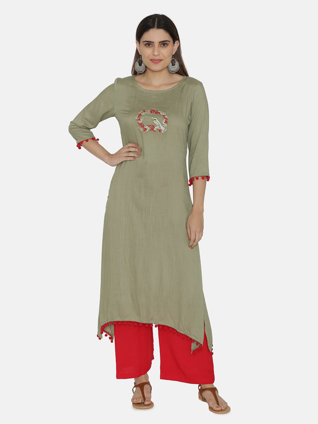 

VEGAL Embroidered Round-Neck Ethnic Straight Kurta, Green