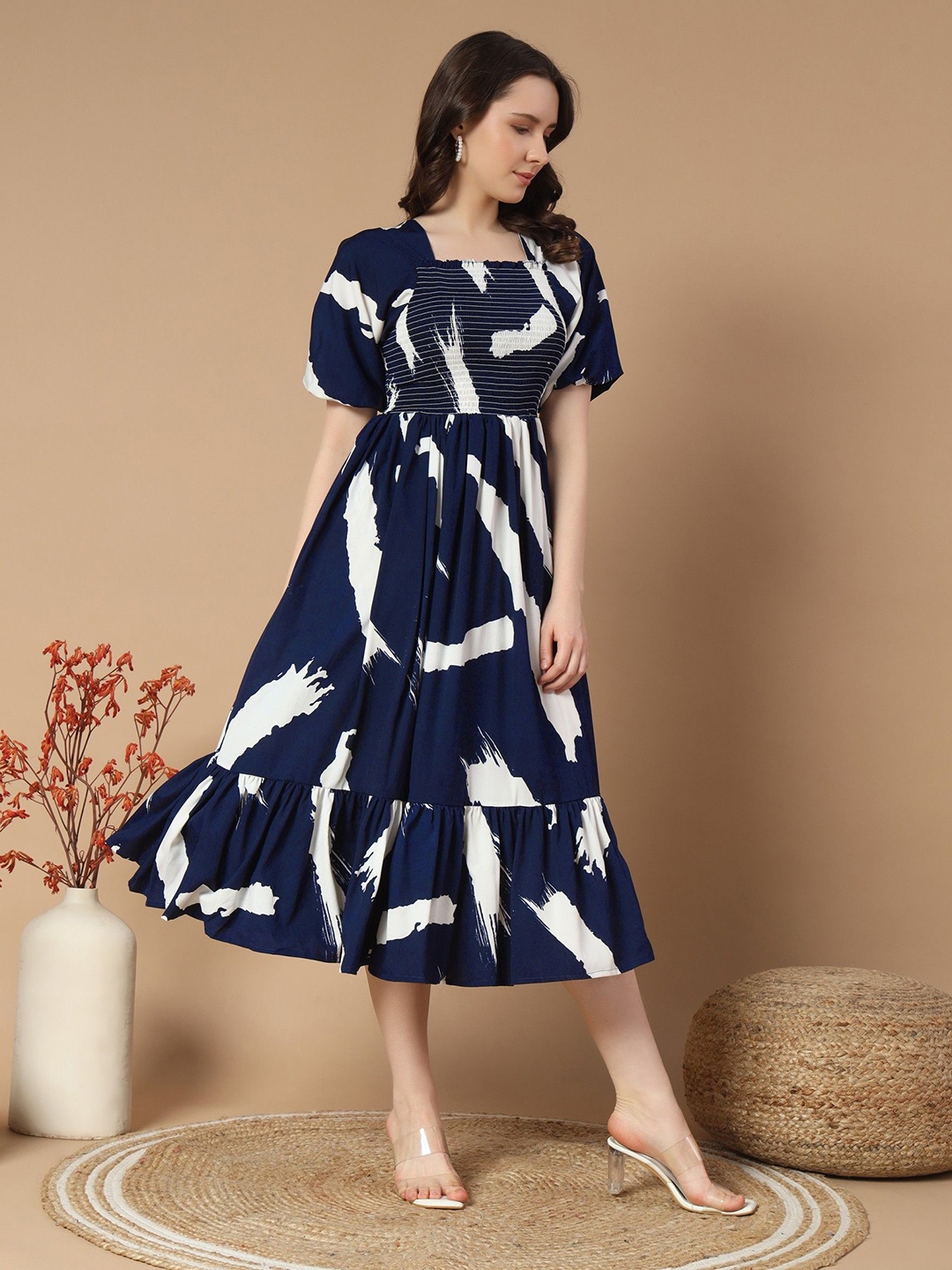 

Raiyani Fashion Print Puff Sleeve Crepe Fit & Flare Dress, Navy blue