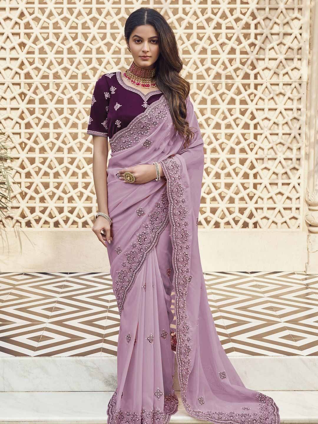 

Suha Floral Embroidered Poly Georgette Saree, Lavender