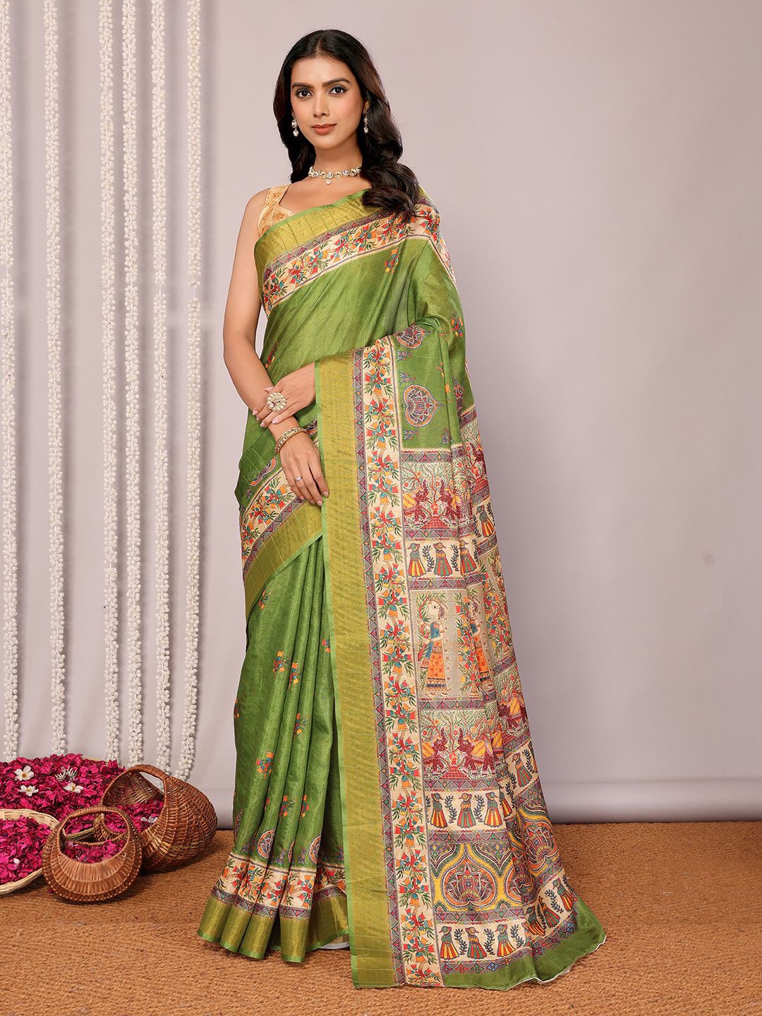 

Janasya Women Chanderi Silk Kalamkari Printed Kalamkari Saree with Unstitched Blouse Piece, Green