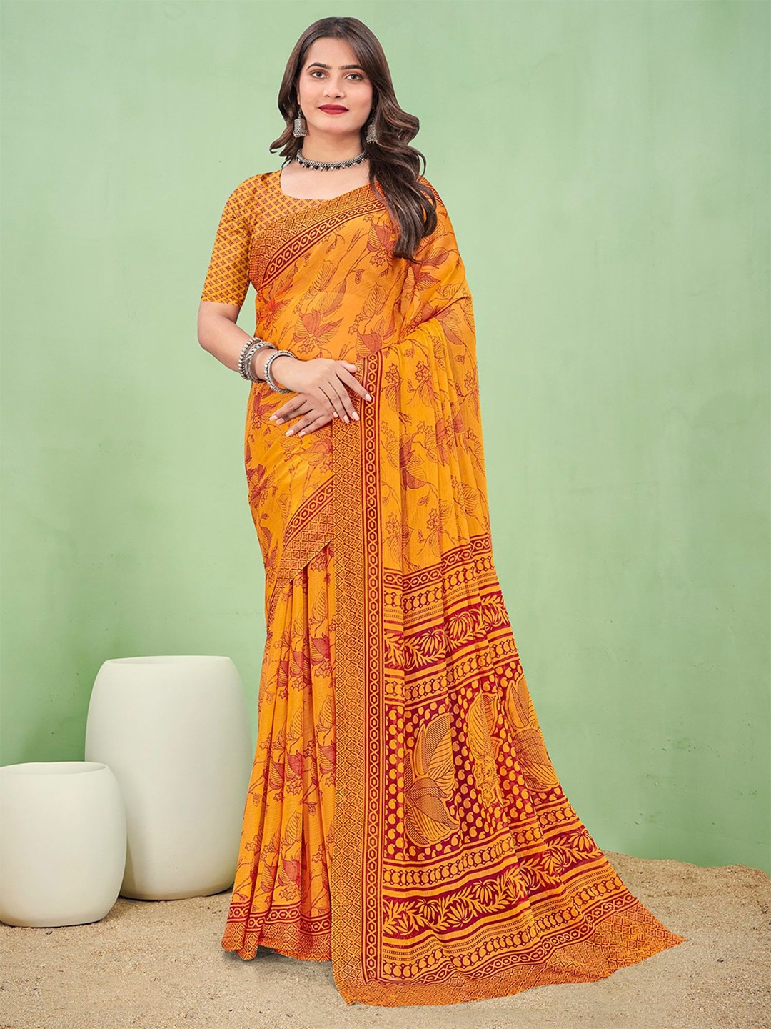

LeeliPeeri Designer Ethnic Motifs Poly Chiffon Saree, Mustard