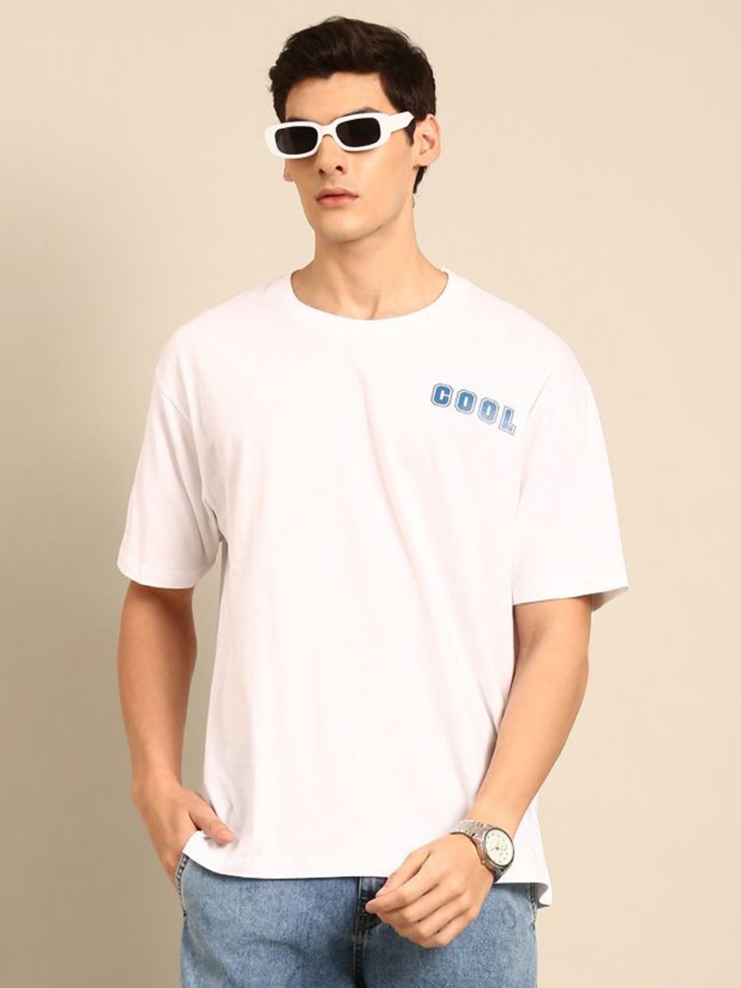 

Mast & Harbour Men Printed Drop-Shoulder Sleeves Bio Finish Applique T-shirt, White