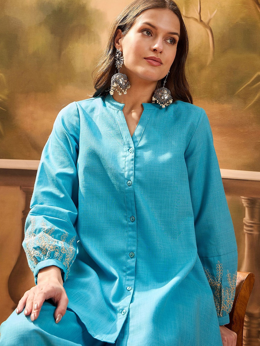 

Sangria Embroidered Pure Cotton Shirt With Palazzos Co-Ords, Blue