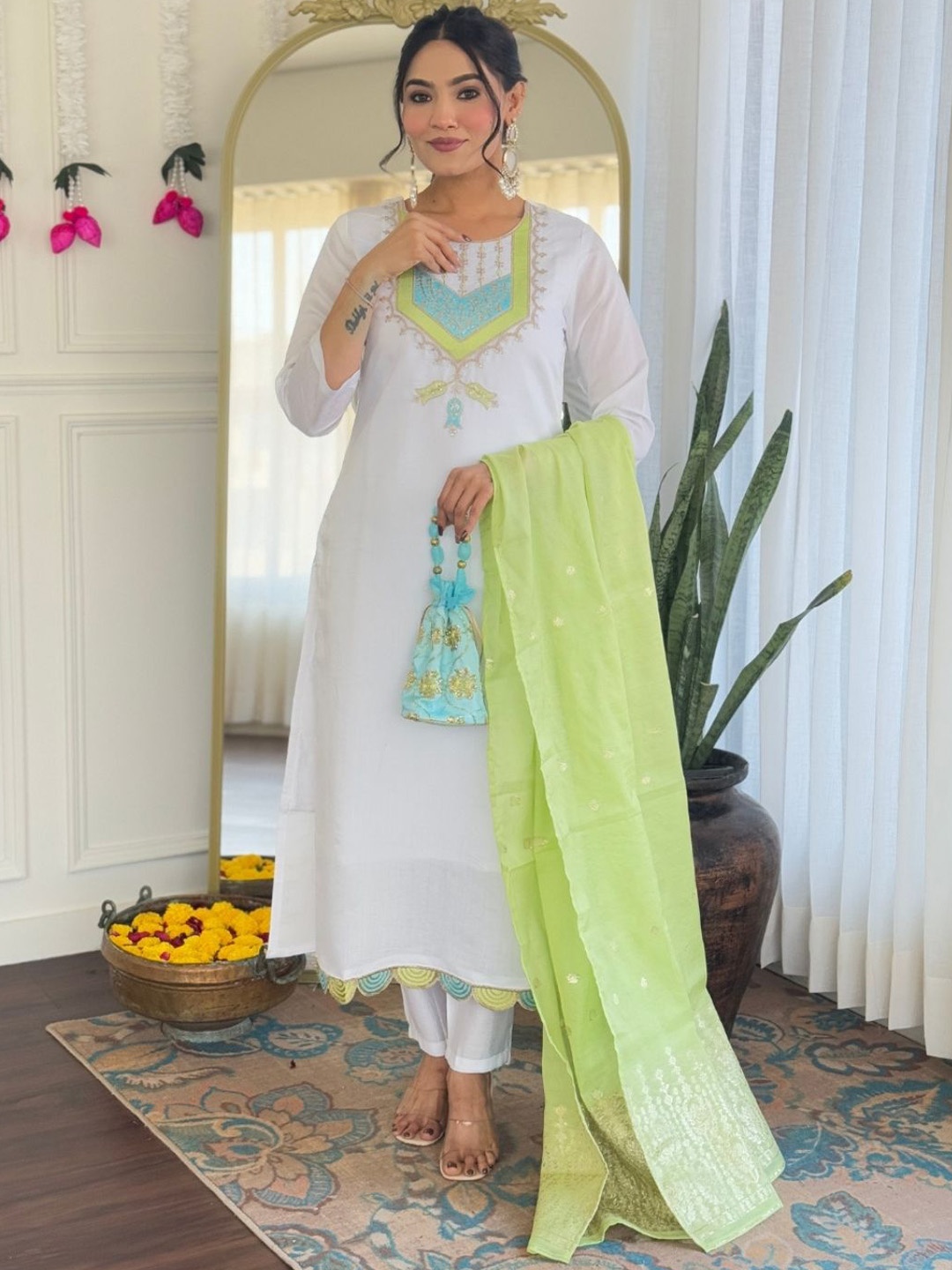 

KALINI Yoke Design Straight Kurta With Trousers And Dupatta, White