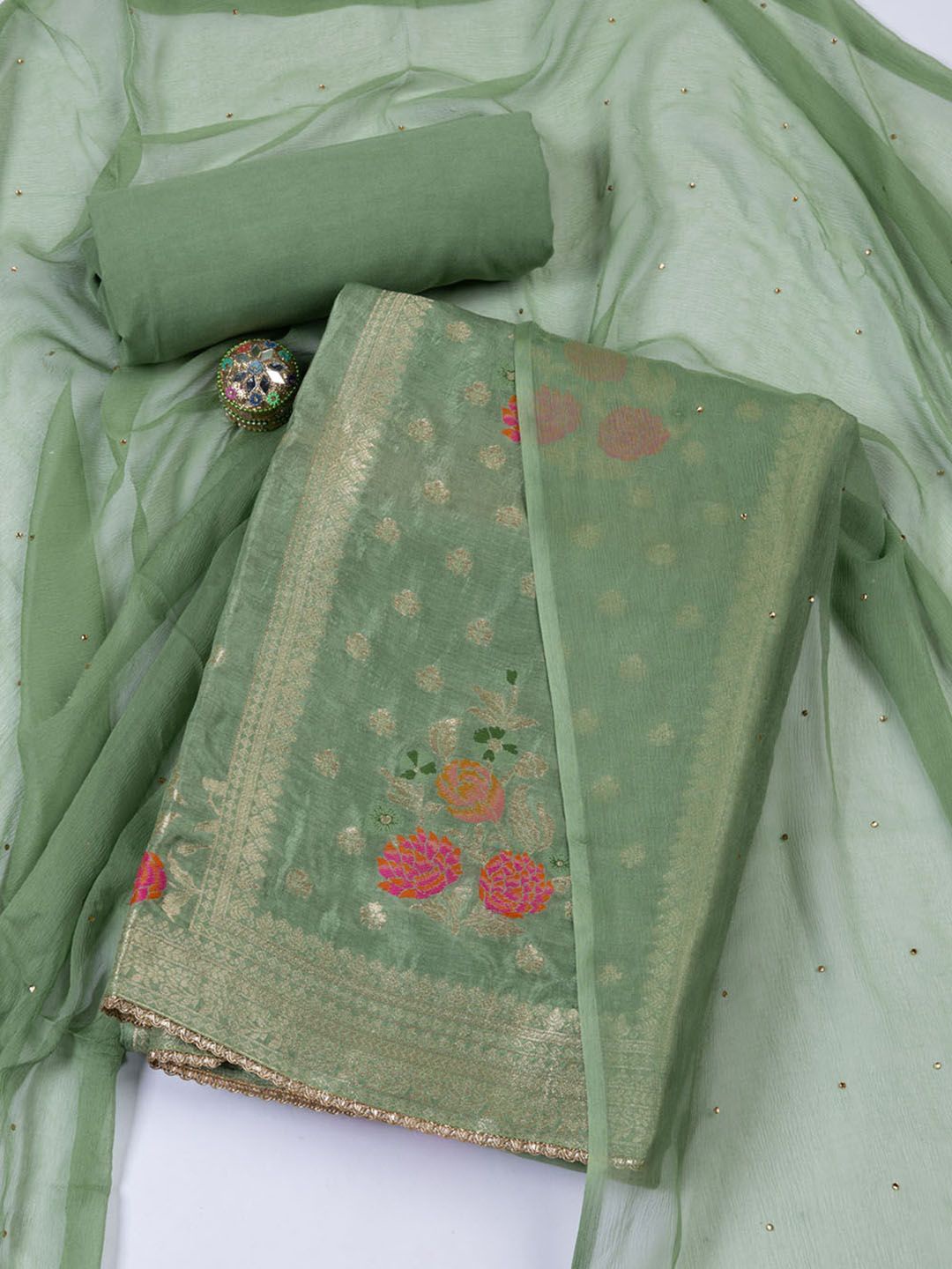 

Meena Bazaar Art Silk Unstitched Dress Material, Green