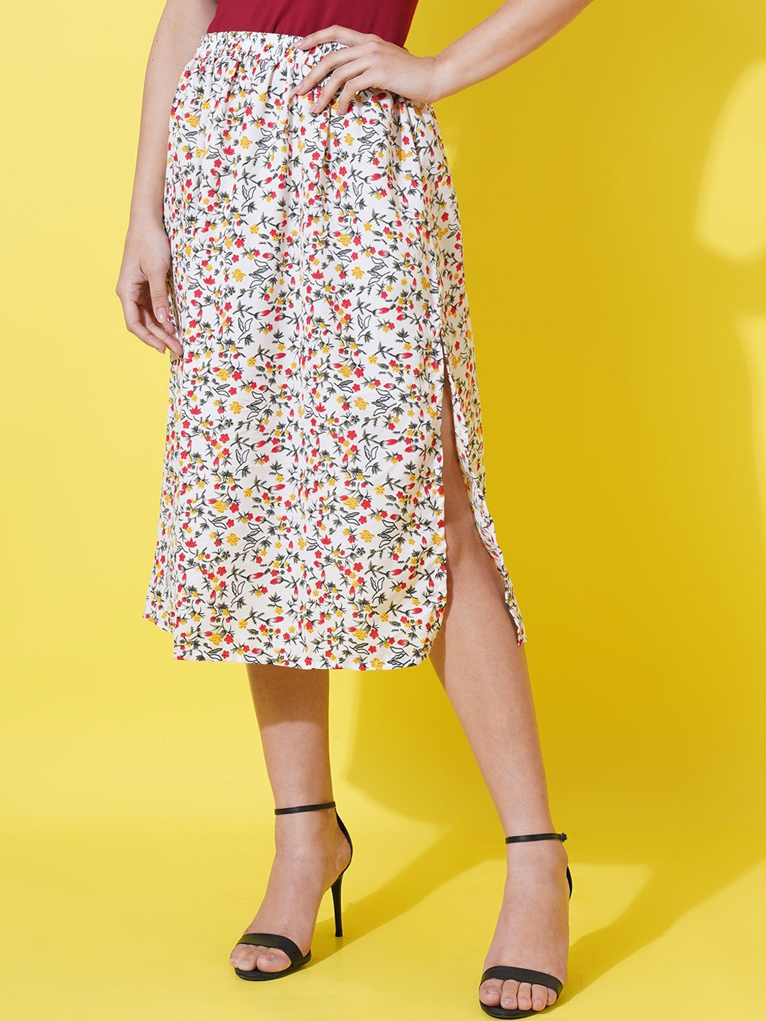 

GUDWEARS Floral Printed A-Line Midi Skirt, Off white