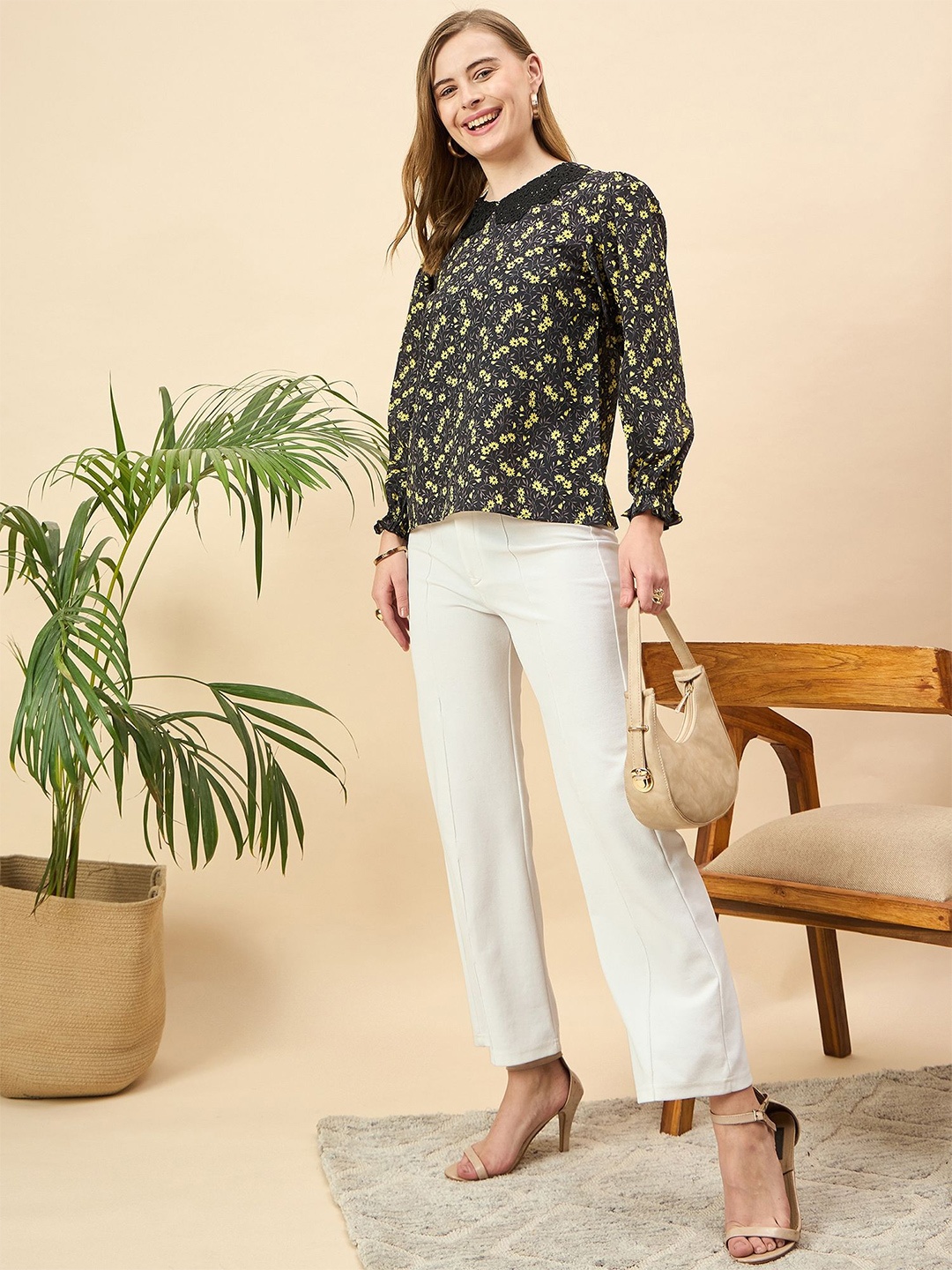 

Mast & Harbour Floral Print Top, Black