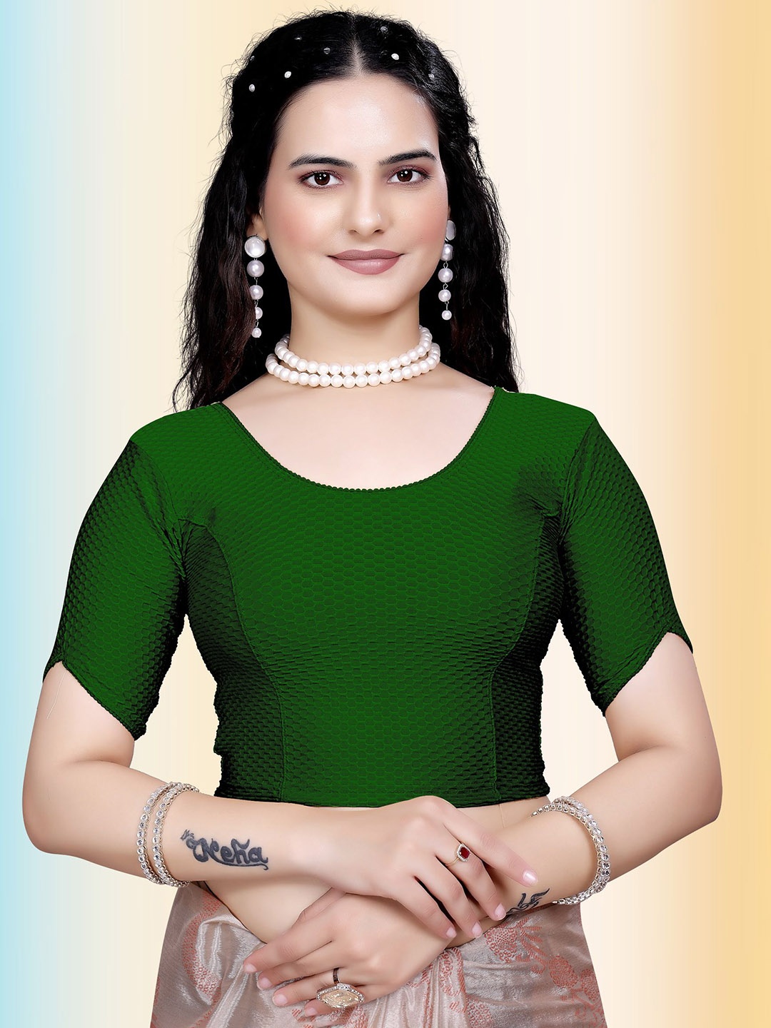 

TANISHM FEB TEX Cotton Round Neck Saree Blouse, Green