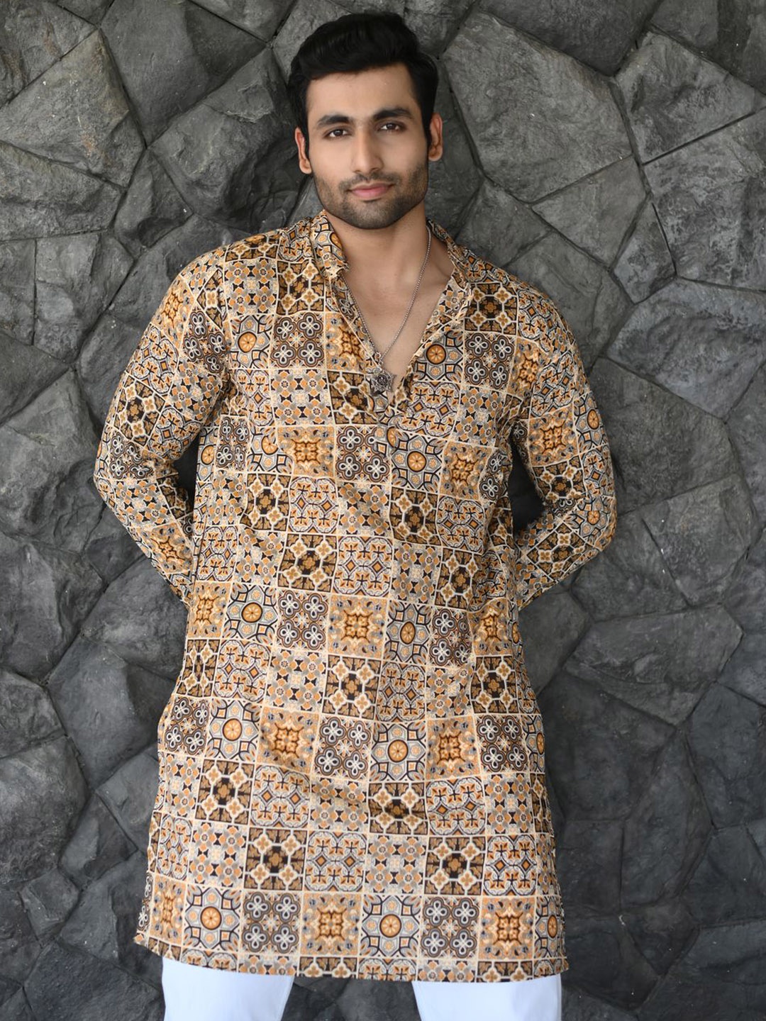 

Style Matters Men Ethnic Motifs Printed Indie Prints Pure Cotton Kurta, Yellow