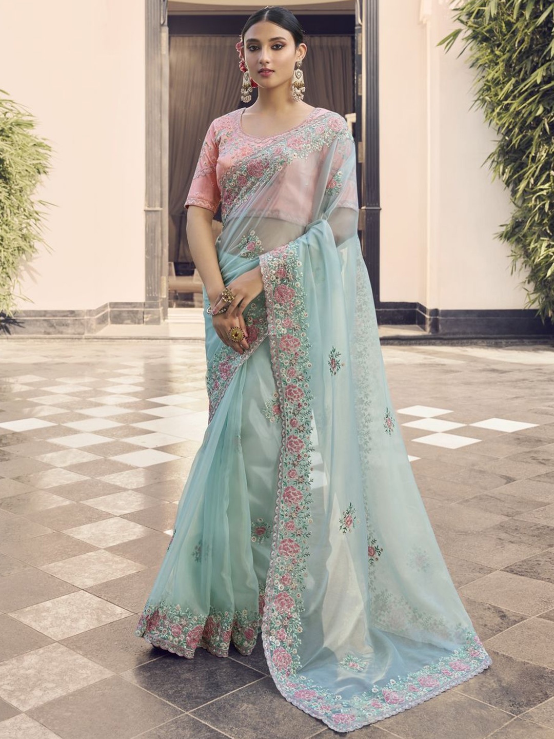 

Suha Floral Organza Saree, Sea green