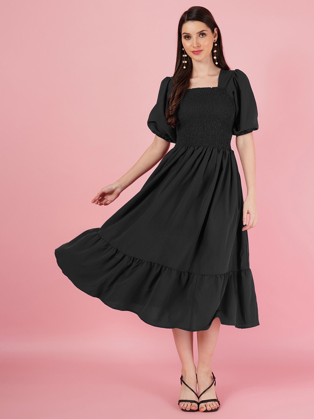 

Jash Creation Puff Sleeve Fit & Flare Dress, Black