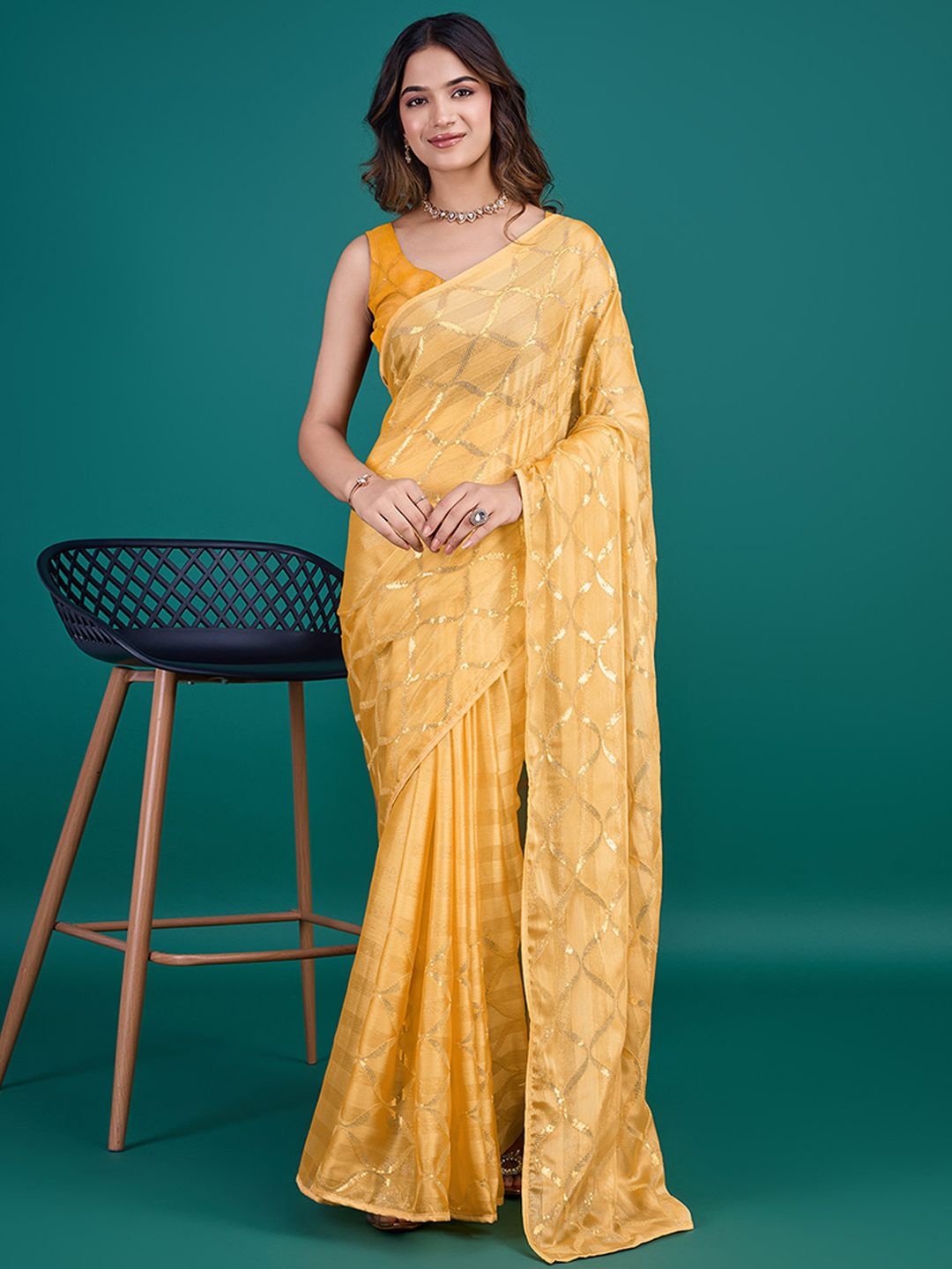 

Peachmode Ethnic Motifs Beads and Stones Pure Georgette Saree, Yellow