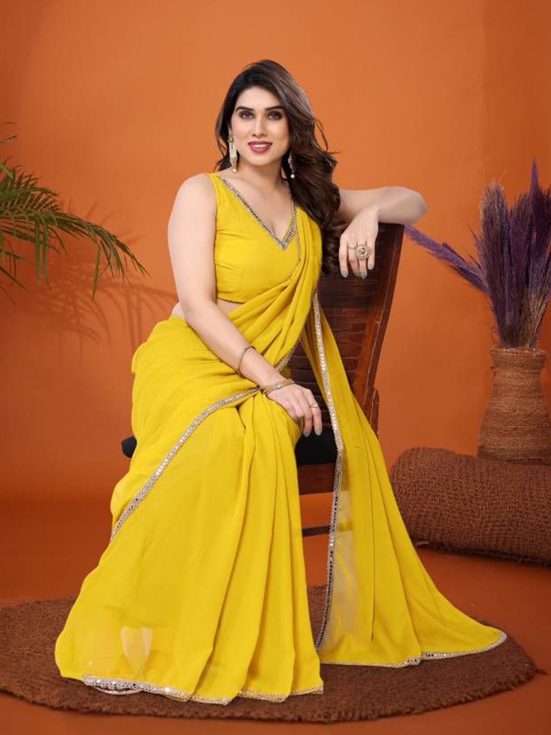 

BLEESBURY Pure Georgette Saree, Yellow