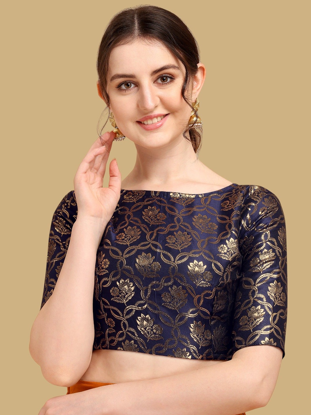 

Oomph! Woven Design Boat Neck Jacquard Saree Blouse, Navy blue