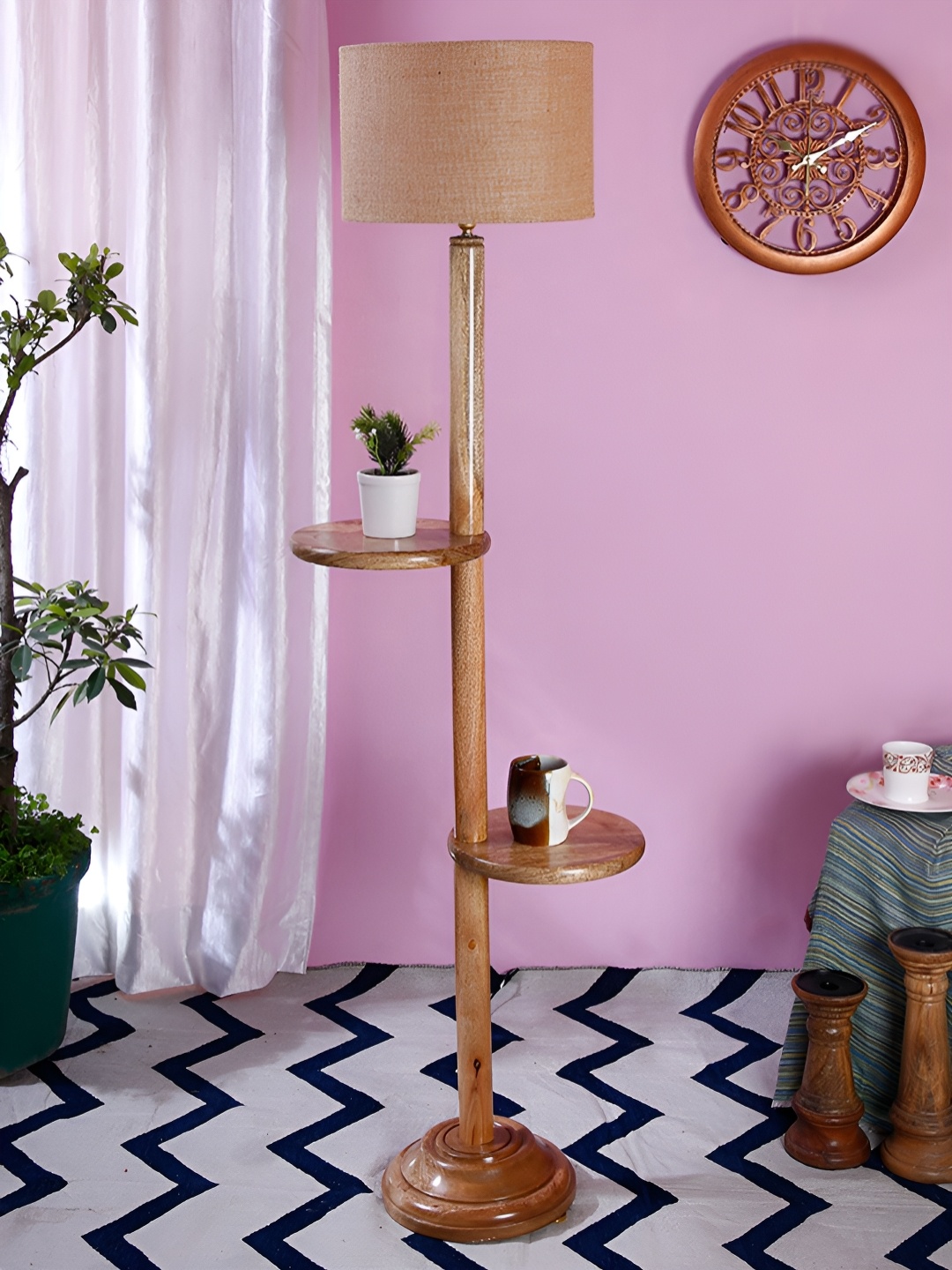 

Devansh Brown & Beige Textured Jute Drum Wooden Shelf Floor Lamp