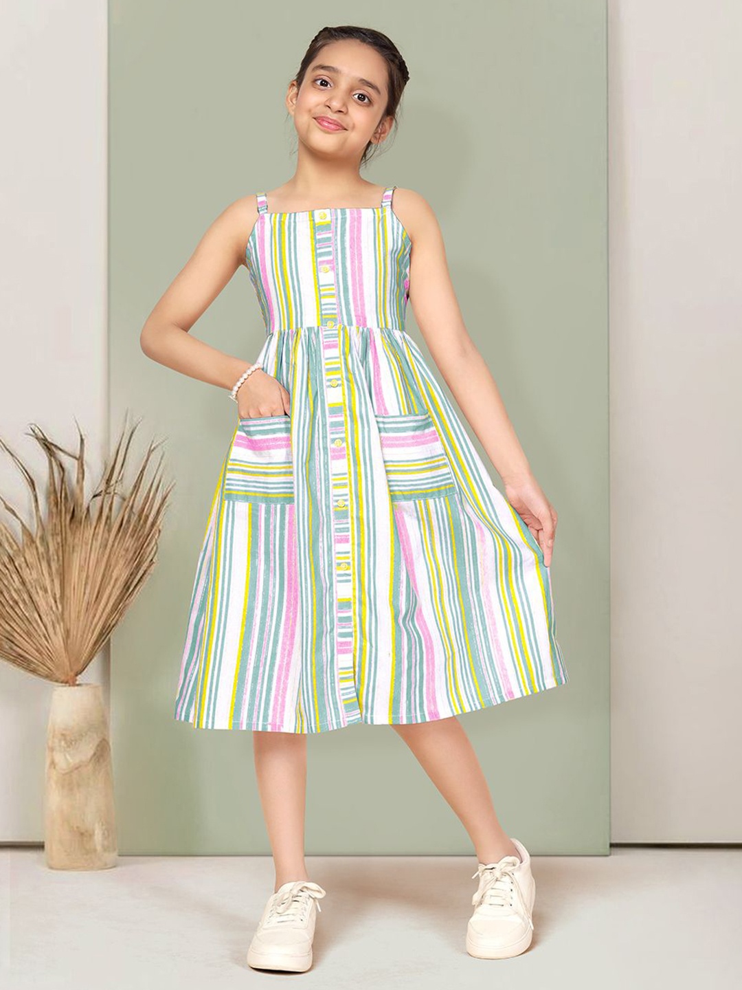 

YK Girl Striped A-Line Dress, White