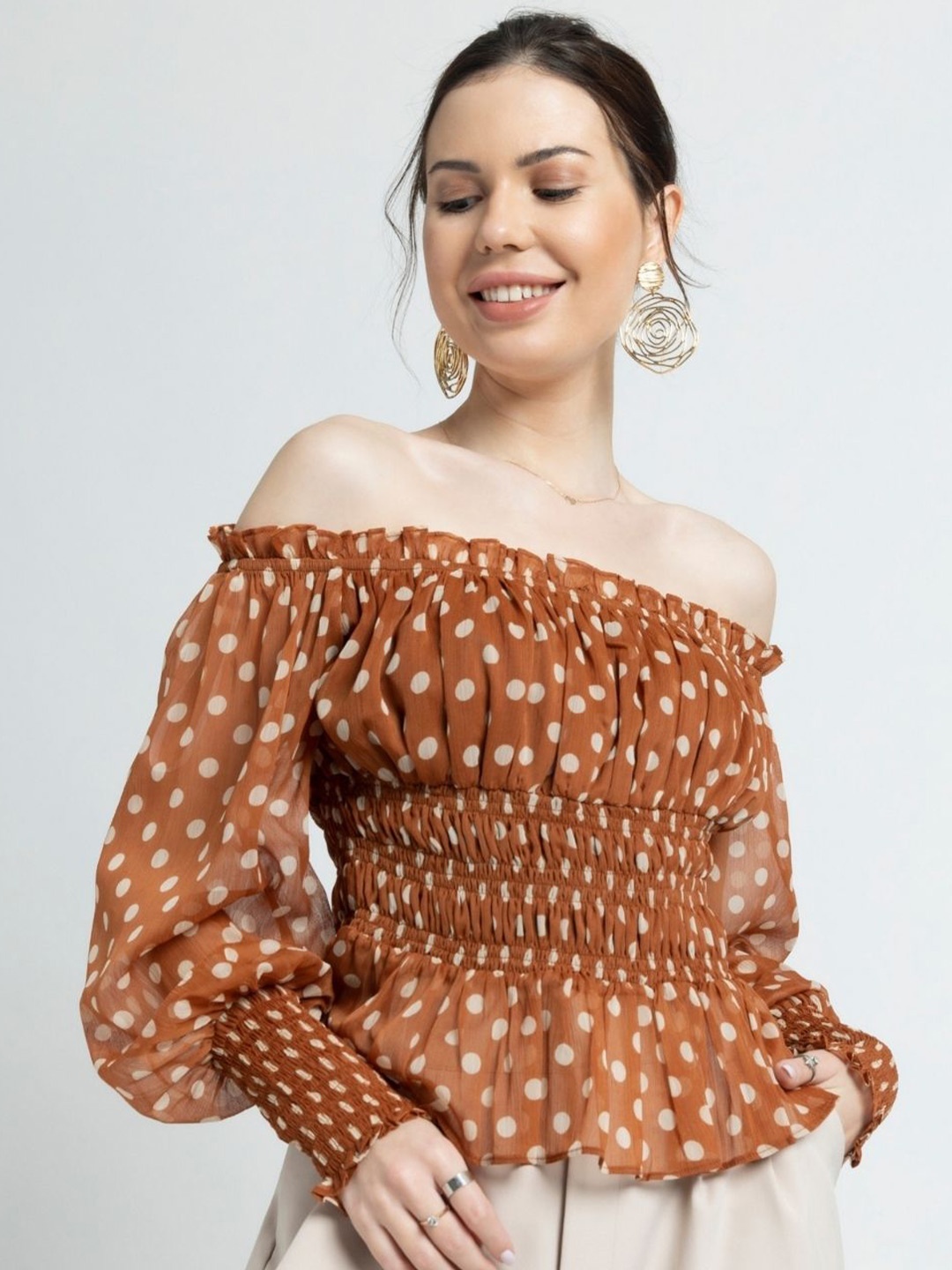 

JULO Polka Dot Print Off-Shoulder Puff Sleeve Chiffon Bardot Top, Brown