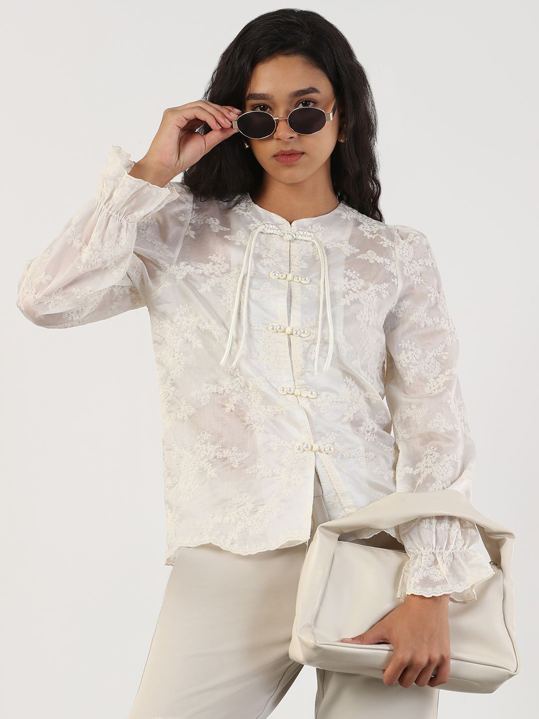 

SHOWOFF Embroidered Puff Sleeve Top, Cream