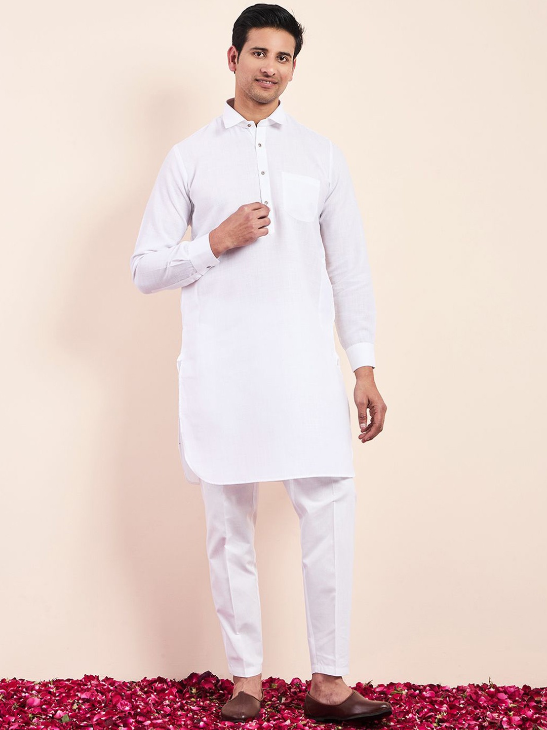 

Satwaa Shirt Collar Single Pocket Pathani Kurta with Trousers, White