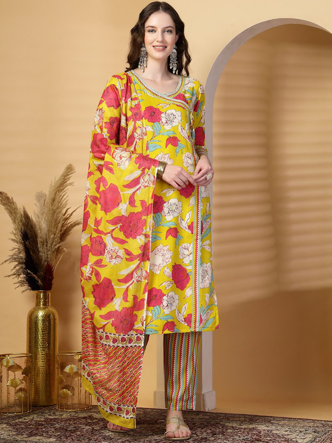 

Clora Creation Printed Kurta & Dupatta With Trousers Set, Mustard