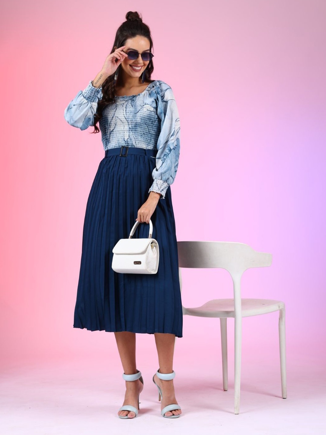 

Raiyani Fashion Print Applique Crepe Fit & Flare Dress, Blue