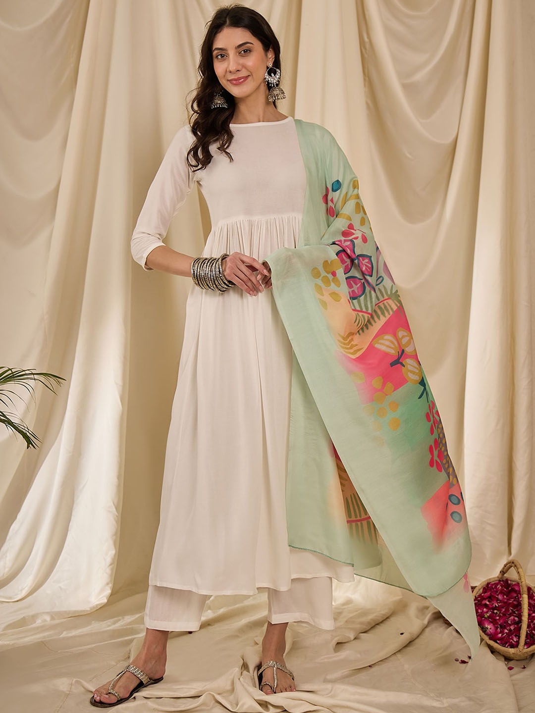 

InWeave Women Regular Kurta with Palazzos & With Dupatta, White