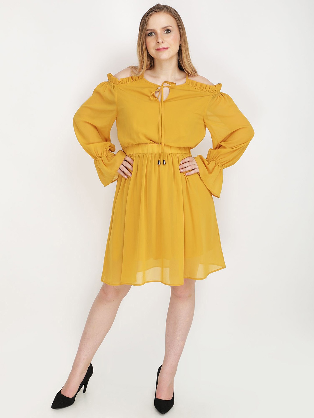 

JAKANARY Women Cold-Shoulder Georgette Fit & Flare Dress, Yellow