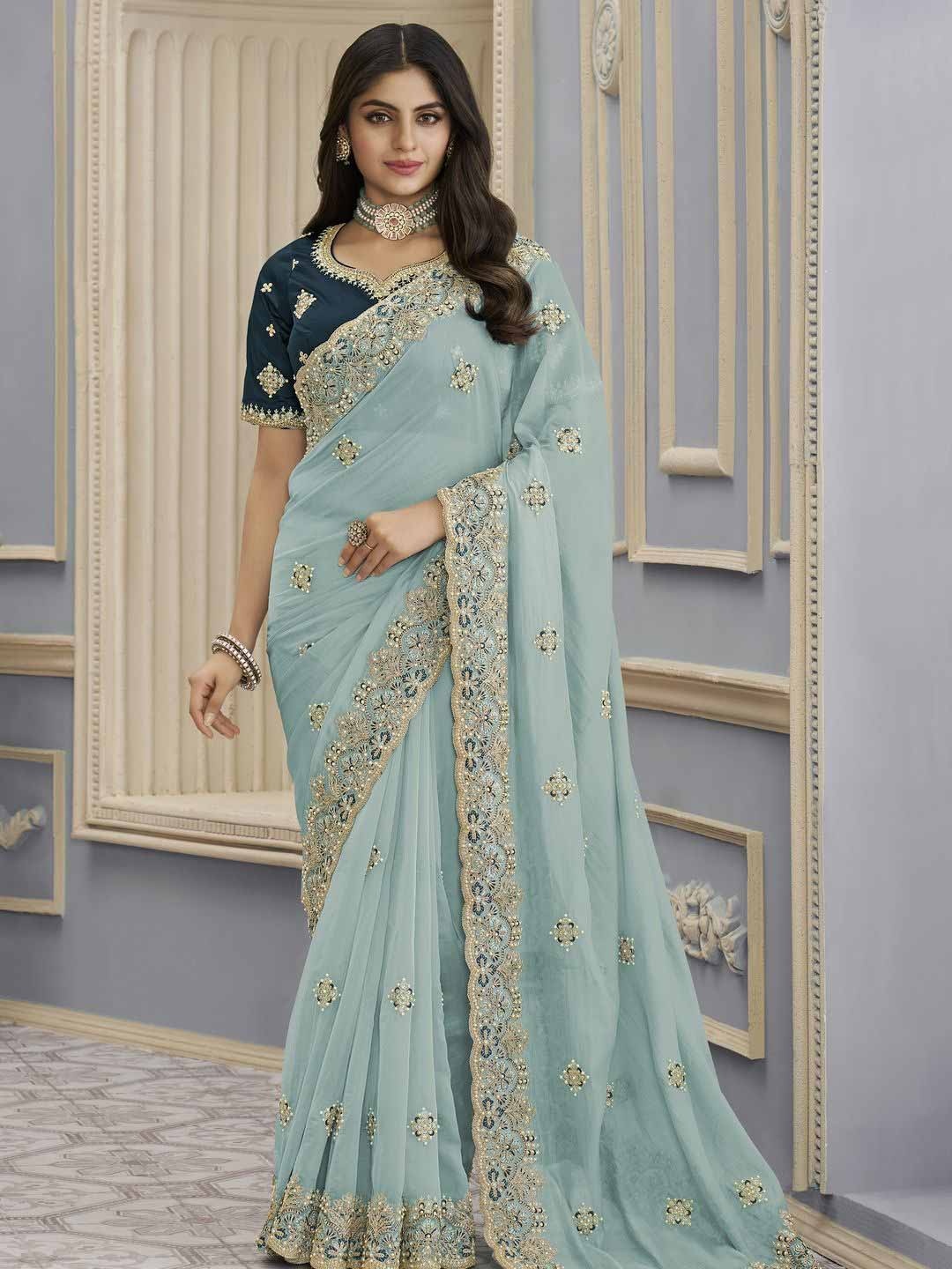 

Suha Floral Poly Georgette Saree, Sea green